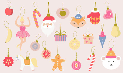Christmas winter stickers collection with seasonal design, cute animals and elements for scrapbook. New year stickers