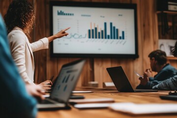Businesswoman pointing at a rising bar graph on a screen in a meeting room presentation, while her colleagues listen and work on laptops