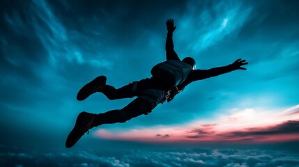 Silhouette of skydiver falling against a vibrant sunset sky.