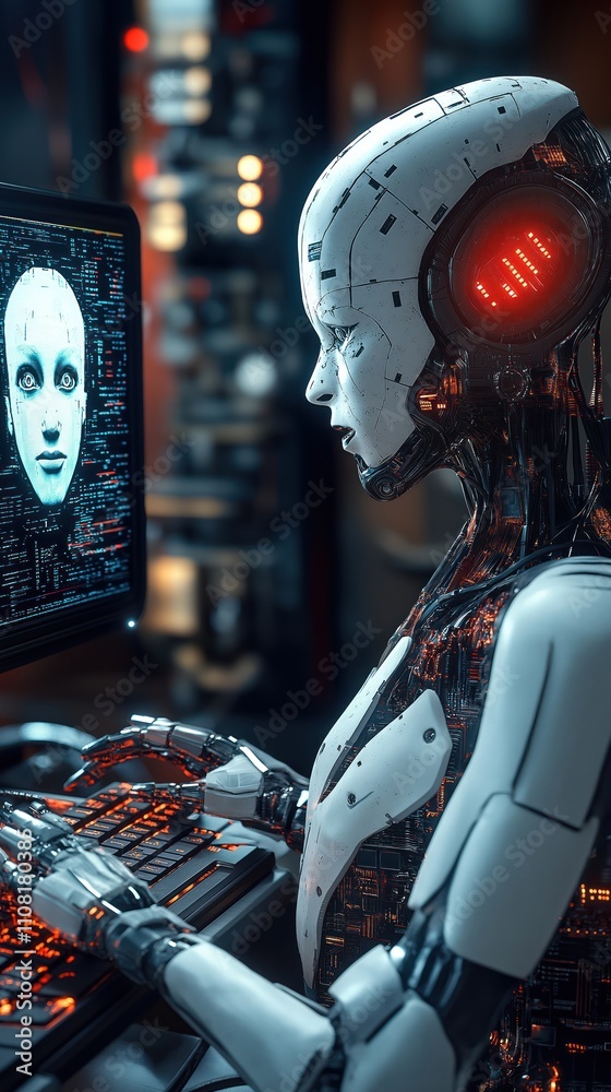 Poster Futuristic robotic arm types on computer monitor with humanoid face. Complex circuit board visible. Cyberpunk aesthetic. Robot interacts with tech. Sci-fi scene. Artificial intelligence. Innovation