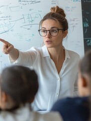 Teacher in glasses points at a whiteboard, explaining in a classroom. Students learn, ask questions, and develop skills for their future