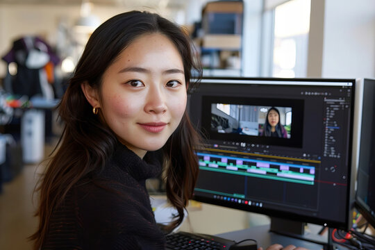 Creative Process: Young Asian Woman Editing a Video on her Computer