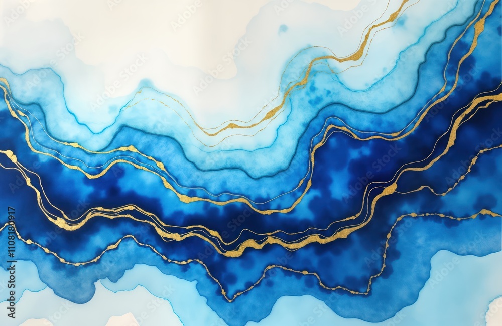 Poster abstract artistic design with blue, gold fluid ink textures. waves, marbled patterns create luxuriou
