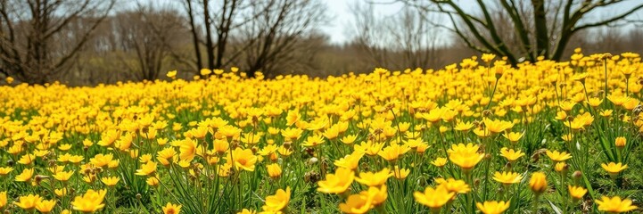 Fototapeta premium Beautiful daffodil flowers blooming in a vast field under the clear blue sky, spring, landscape, yellow