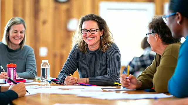 Community Gathering for Ideas at Wooden Table in Municipal Building
