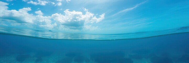 Obraz premium Blue sea water surface with the sun shining through the cloudy sky, showcasing the underwater world full of marine life, tranquil, peaceful