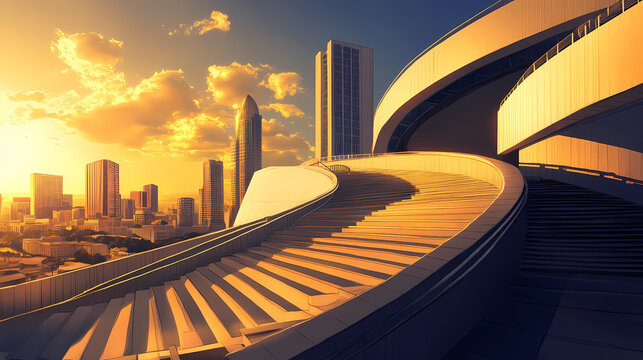 Monumental superdome majestic grand staircase sweeping curves modernist architecture warm golden light rays daytime urban landscape sharp focus stunning architecture blue sky. Majestic. Illustration