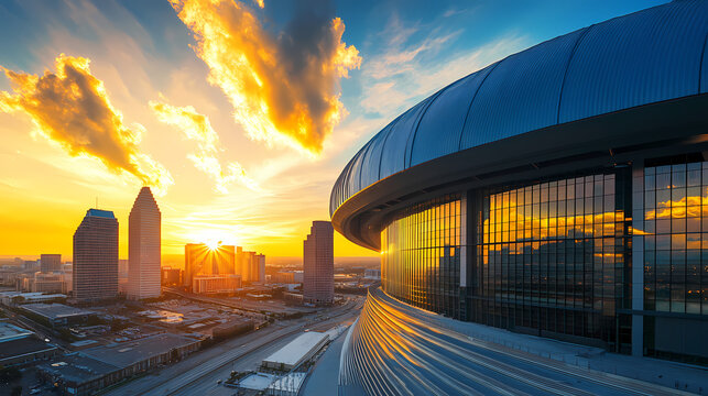 Monumental superdome majestic grand staircase sweeping curves modernist architecture warm golden light rays daytime urban landscape sharp focus stunning architecture blue sky. Majestic. Illustration