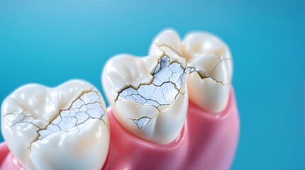Detailed visualization of tooth enamel cracks on molars against blue background