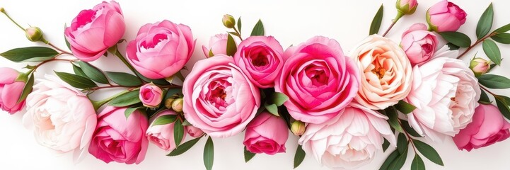 Fototapeta premium Fresh bunch of pink peonies and roses with copy space on white background, fresh, elegant