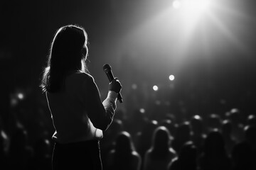 Confident female speaker inspiring large audience at conference with valuable insights, fostering growth in corporate setting