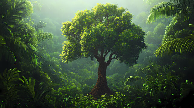 Tall and majestic samauma tree in dense tropical rainforest , rainforest, amazon, tree, nature, green, lush, canopy, biodiversity. Majestic. Illustration