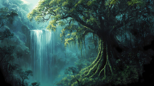 Tall and majestic samauma tree in dense tropical rainforest , rainforest, amazon, tree, nature, green, lush, canopy, biodiversity. Majestic. Illustration