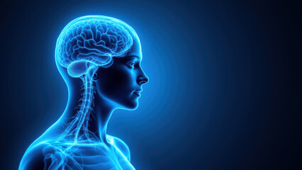 Obraz premium Vagus Nerve Stimulation (VNS) medical imaging showing a woman's head with highlighted brain structure.