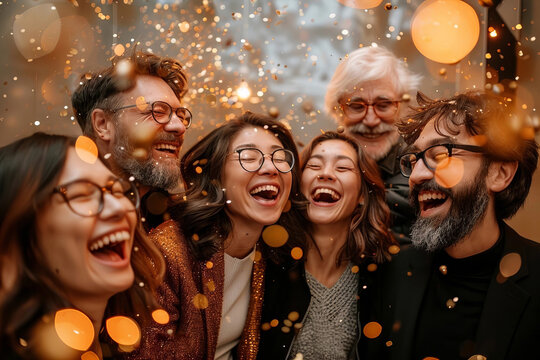 Title: Diverse Group of Smiling Individuals, Some with Glasses and a Polished Beard, Enjoying a 4k Gold Particle Explosion