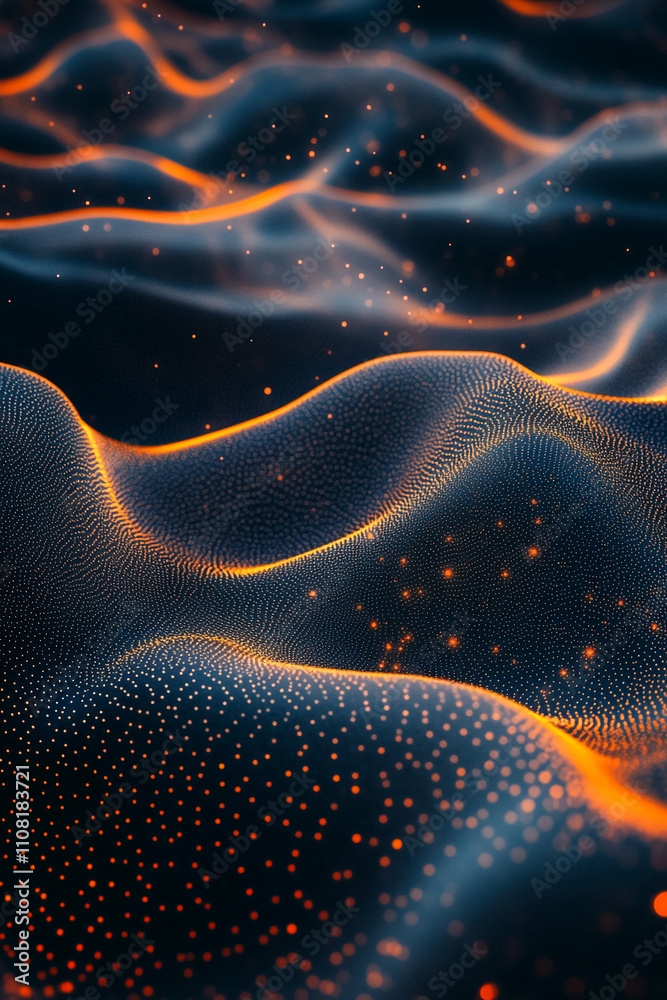 Poster Abstract design portraying luminous waves with glowing particles in a dark environment