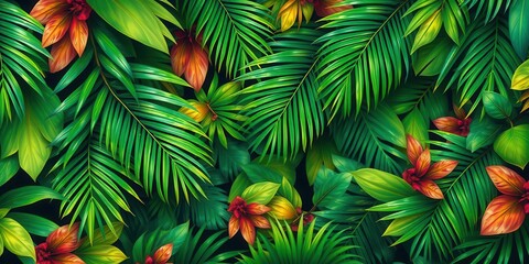 Naklejka premium Tropical palm leaves in vibrant green colors, perfect for adding a touch of nature to your design projects, background, fresh