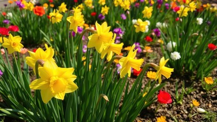 Obraz premium Vibrant yellow daffodil flowers blooming in a vast field on a sunny day, landscape, day