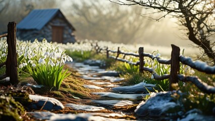 Snowdrop flowers blooming on a scenic pathway in springtime landscape
