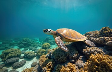 Obraz premium Green sea turtle swims gracefully through vibrant coral reef underwater. Clear water, sunlight illuminate marine life. Tropical location suggests summer vacation spot. Natural beauty of coral reef