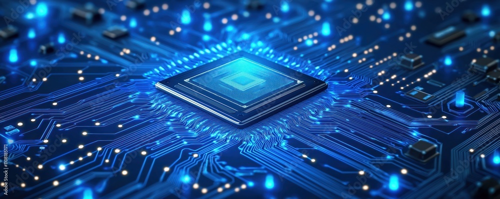 Aufkleber AI processor chip sits on glowing blue circuit board. Tech innovation in future. Advanced computer chip. High tech electronic parts. Electronic circuit details. Modern digital tech. Complex intricate