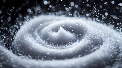 Fototapeta premium A majestic swirl of white snow on a dark black surface creating a dramatic and eye-catching bokeh, abstract design, frosty texture. Majestic. Illustration