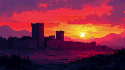 Obraz premium A vibrant sunset casts warm colors over ancient castle ruins surrounded by mountains, creating a tranquil and majestic landscape at dusk