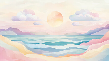 Whimsical ocean scene with layered pastel waves, circular sun, flowing clouds, geometric elements, calming beach
