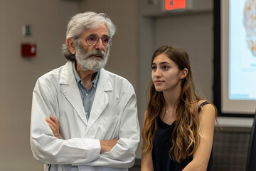 Obraz premium Title: Hospital Staff Engage Audience with Candid Conversations