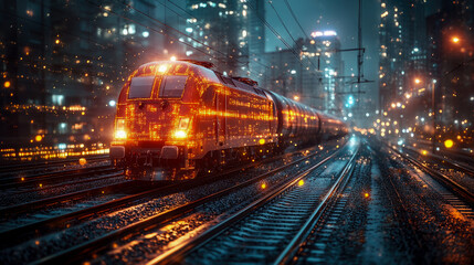 Obraz premium A bright train moves along wet tracks in a bustling city at night, illuminated by reflections from nearby buildings and streetlights