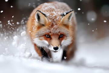 Obraz premium A striking image of a fox gracefully navigating through a snowy landscape, showcasing its vibrant fur and keen expression amid swirling snowflakes.