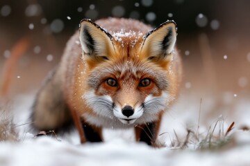 Obraz premium This captivating image captures a focused fox staring intently through gently falling snowflakes, revealing its enchanting eyes and playful spirit.