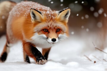 Obraz premium A charming photo of a curious fox walking through a fresh blanket of winter snow, symbolizing grace and curiosity in a tranquil, snowy environment.