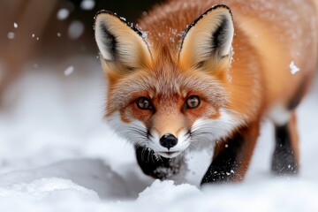 Fototapeta premium A vivid depiction of a fox leaving its distinct footprints in fresh winter snow, showcasing both the beauty of its surroundings and the intrigue of wildlife exploration.