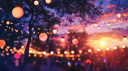 Fototapeta premium A lively outdoor evening event with colorful string lights, bokeh effects, and a stunning sunset in the background.