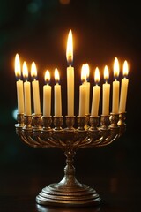 A beautifully crafted menorah holds multiple lit candles, casting a warm glow, representing a special celebration and cultural heritage