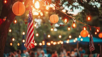 Patio celebration with american flag  guests enjoying memorial day barbecue and kids playing