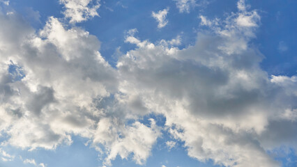 Fototapeta premium White fluffy clouds in the sky. Blue sky and cloud cover on a sunny summer day. Empty background, copy space