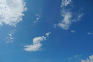 White fluffy clouds in the sky. Blue sky and cloud cover on a sunny summer day. Empty background, copy space