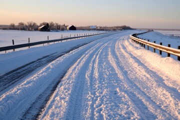 A winding, snow-covered road curves through a peaceful winter landscape, inviting adventure and exploration amidst serene surroundings under a soft clear sky.