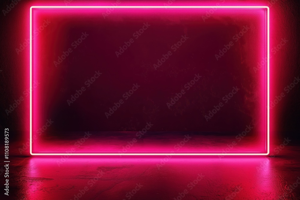 Poster Neon pink frame on dark red wall, floor. Empty display area. Modern design. Studio light. Stylish backdrop for products. Cool futuristic style. Perfect background for display. Empty space. Product