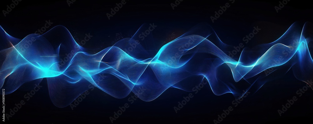 Poster Abstract illustration shows blue wavy lines. Dynamic visual design represents sound waves tech data flow. Modern, innovative abstract art style. Excellent visual representation of music audio