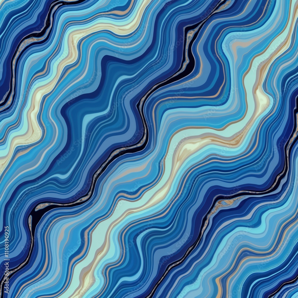 Poster Abstract blue iridescent wavy pattern design resembling liquid marble. Seamless texture with various shades of blue, hints of light beige, gold. Abstract design evokes sense of movement, fluidity.