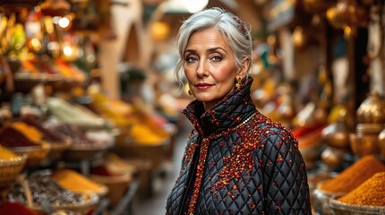 Obraz premium Elegant woman exploring vibrant spice market with colorful background