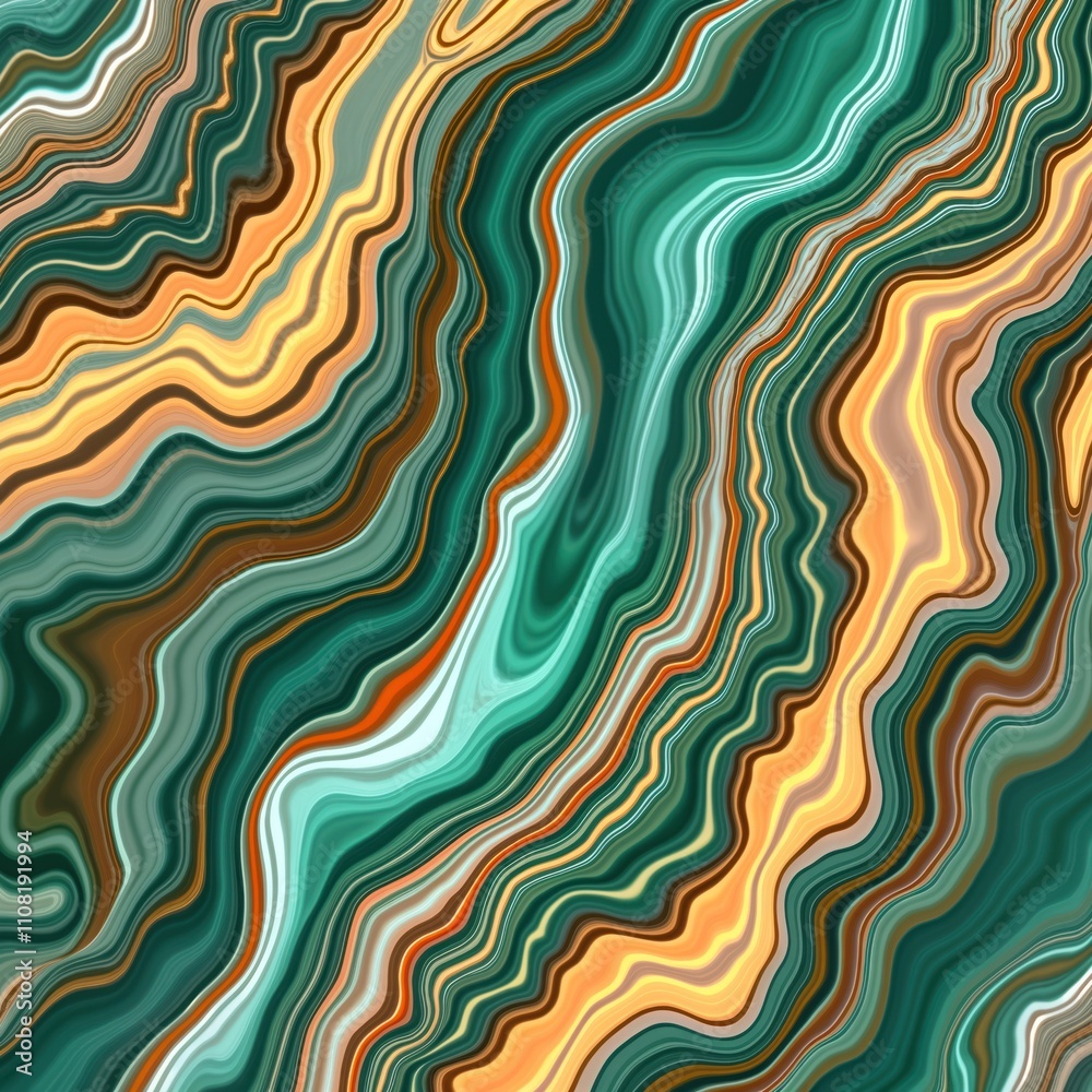 Poster abstract liquid marble pattern with iridescent colours. wavy lines of green, orange, yellow create s