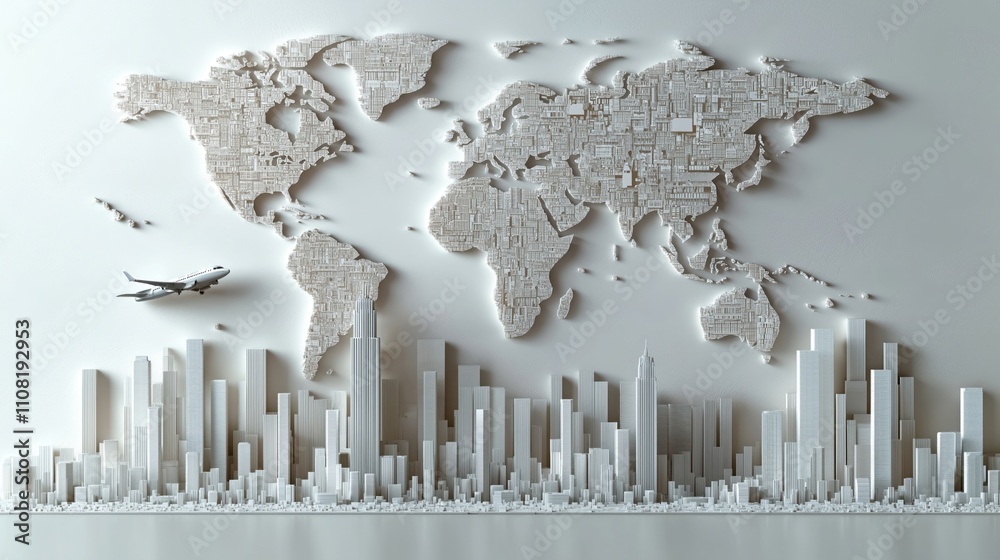 Poster Global travel concept. Modern city skyline with world map. Airplane flies above global map. Abstract design. Global travel theme. Represents global connectivity.