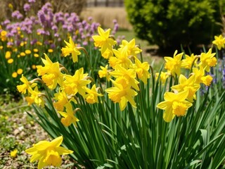 Obraz premium Vibrant yellow daffodil flowers swaying in a sunlit field, creating a beautiful springtime scene, yellow, Daffodils, botany