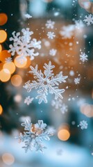 Fototapeta premium Frozen beauty of snowflakes falling in crisp detail, blurred background of cozy warm lights