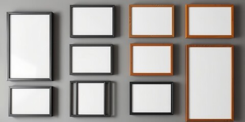Fototapeta premium A mockup of a gallery wall filled with various photo frames in different sizes and styles, hanging on a white wall, photography, art