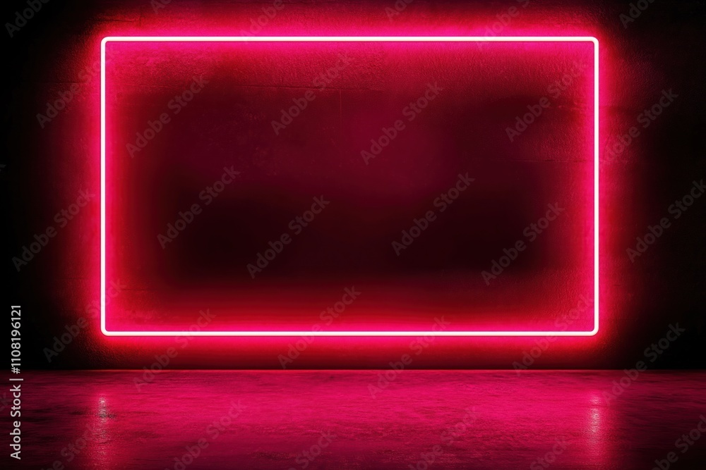 Poster Neon pink frame grid pattern. Empty frame creates tech space. Suitable for product. Red neon box frame ideal for modern designs. Trendy graphic element. Modern style. Creative background. Empty